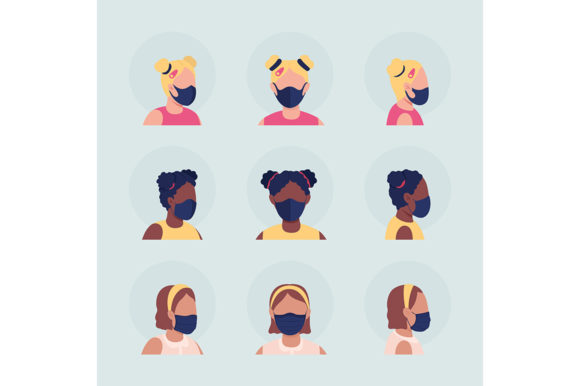 Kids with Medical Masks Avatar Set: Graphics for Local Branding