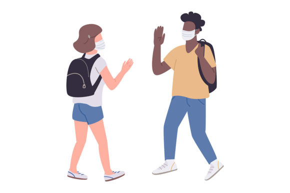 Students in Medical Masks Flat Color Graphics